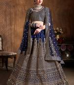 Navy Blue Embroidered Silk Semi Stitched Lehenga With Dupatta