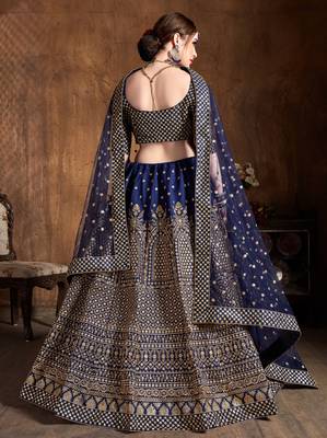 Navy Blue Embroidered Silk Semi Stitched Lehenga With Dupatta 2