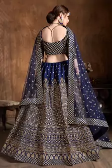 Navy Blue Embroidered Silk Semi Stitched Lehenga With Dupatta