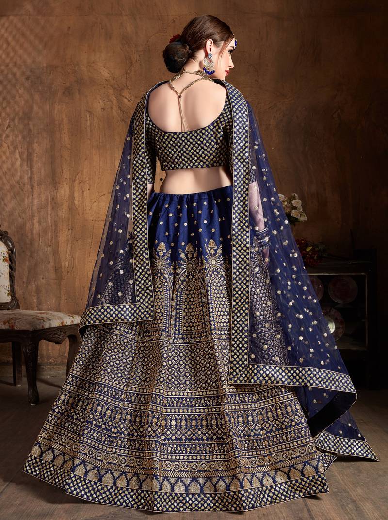 Navy Blue Embroidered Silk Semi Stitched Lehenga With Dupatta