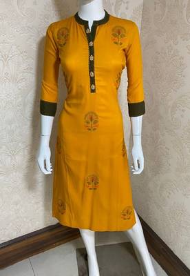 Yellow embroidered rayon short-kurtis 1