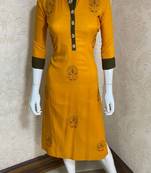 Yellow embroidered rayon short-kurtis