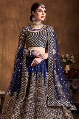 Navy Blue Embroidered Silk Semi Stitched Lehenga With Dupatta 3
