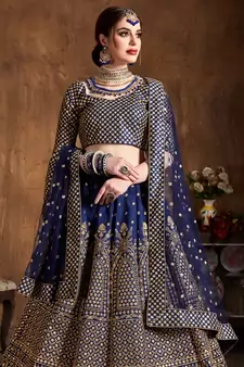 Navy Blue Embroidered Silk Semi Stitched Lehenga With Dupatta