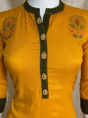 Yellow embroidered rayon short-kurtis 2