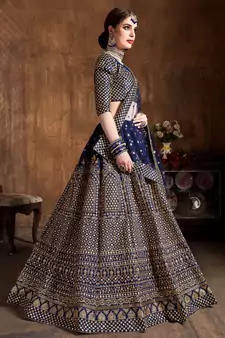 Navy Blue Embroidered Silk Semi Stitched Lehenga With Dupatta