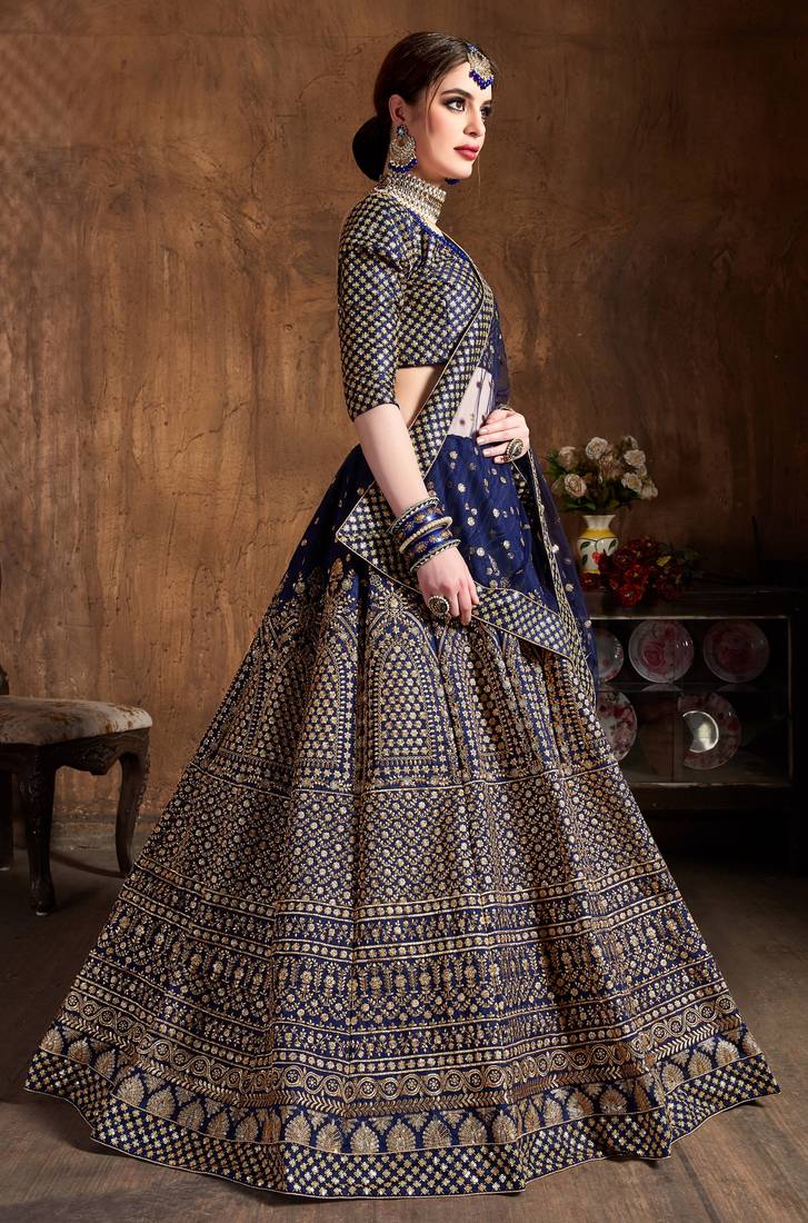 Navy Blue Embroidered Silk Semi Stitched Lehenga With Dupatta