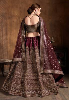 Maroon Embroidered Silk Semi Stitched Lehenga With Dupatta 2