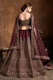 Maroon Embroidered Silk Semi Stitched Lehenga With Dupatta