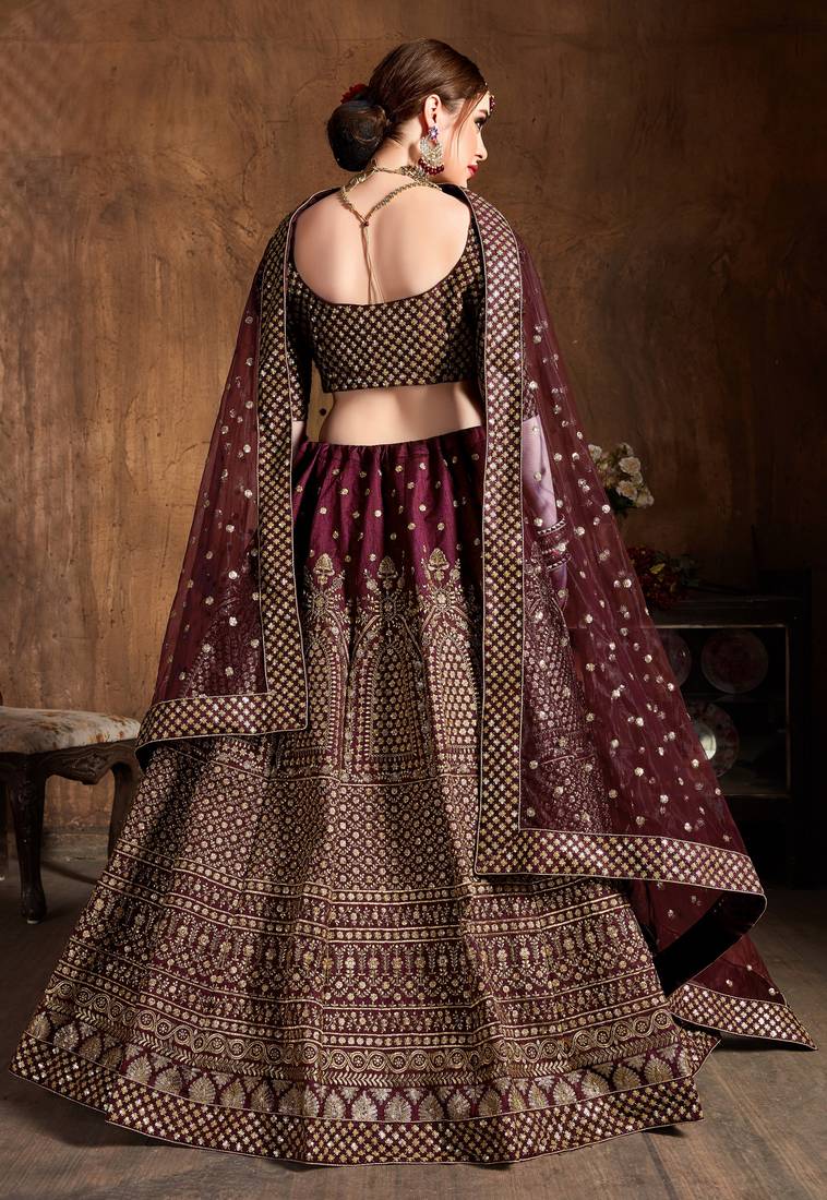 Maroon Embroidered Silk Semi Stitched Lehenga With Dupatta