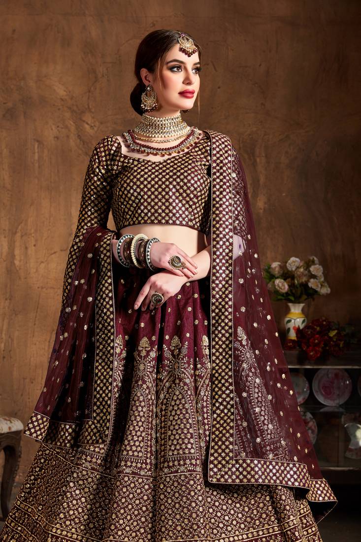Maroon Embroidered Silk Semi Stitched Lehenga With Dupatta