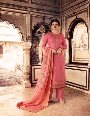 Pink Embroidered Silk Blend Semi Stitched Salwar With Dupatta 1