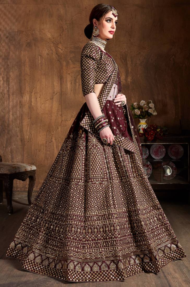 Maroon Embroidered Silk Semi Stitched Lehenga With Dupatta