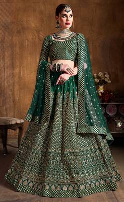 Green Embroidered Silk Semi Stitched Lehenga With Dupatta 1