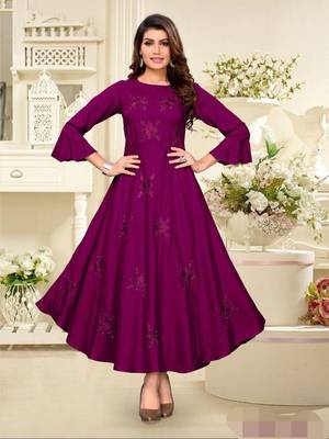 Purple embroidered rayon long-kurtis 1