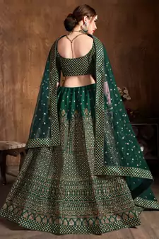 Green Embroidered Silk Semi Stitched Lehenga With Dupatta