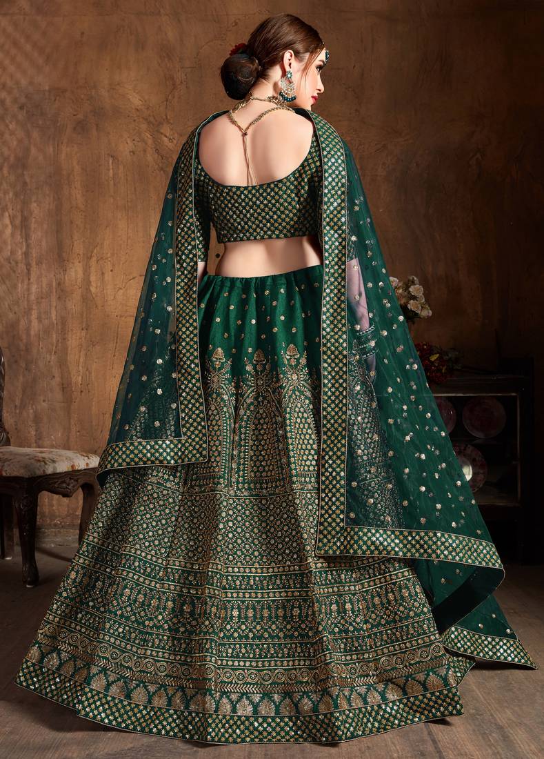 Green Embroidered Silk Semi Stitched Lehenga With Dupatta