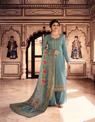 Blue Embroidered Silk Blend Semi Stitched Salwar With Dupatta 1