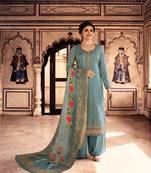 Blue Embroidered Silk Blend Semi Stitched Salwar With Dupatta