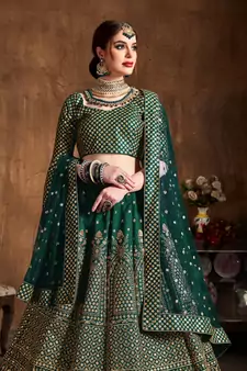Green Embroidered Silk Semi Stitched Lehenga With Dupatta