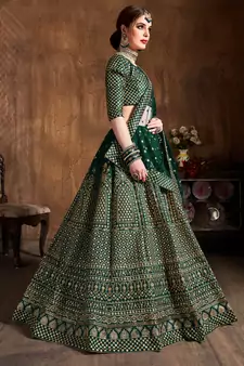 Green Embroidered Silk Semi Stitched Lehenga With Dupatta