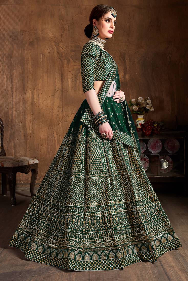 Green Embroidered Silk Semi Stitched Lehenga With Dupatta