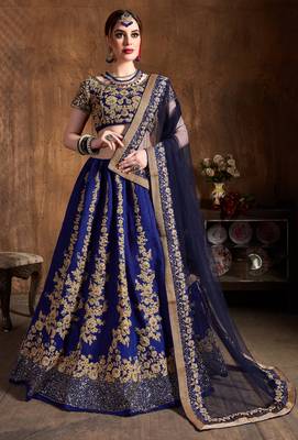 Navy Blue Embroidered Silk Semi Stitched Lehenga With Dupatta 1