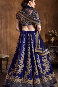 Navy Blue Embroidered Silk Semi Stitched Lehenga With Dupatta
