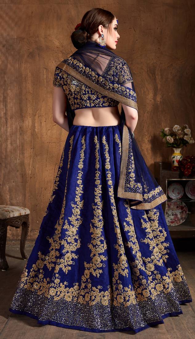 Navy Blue Embroidered Silk Semi Stitched Lehenga With Dupatta