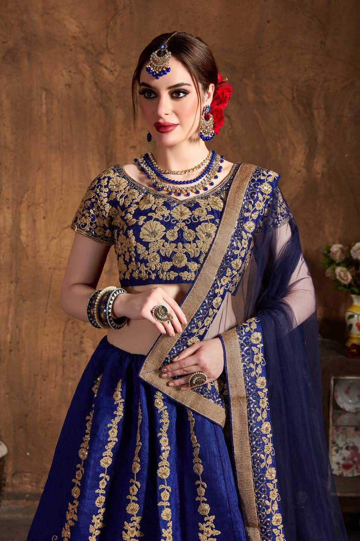Navy Blue Embroidered Silk Semi Stitched Lehenga With Dupatta