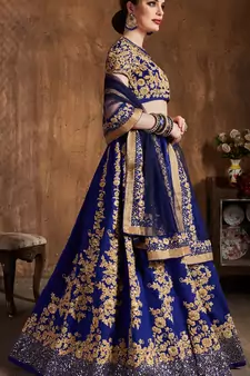 Navy Blue Embroidered Silk Semi Stitched Lehenga With Dupatta