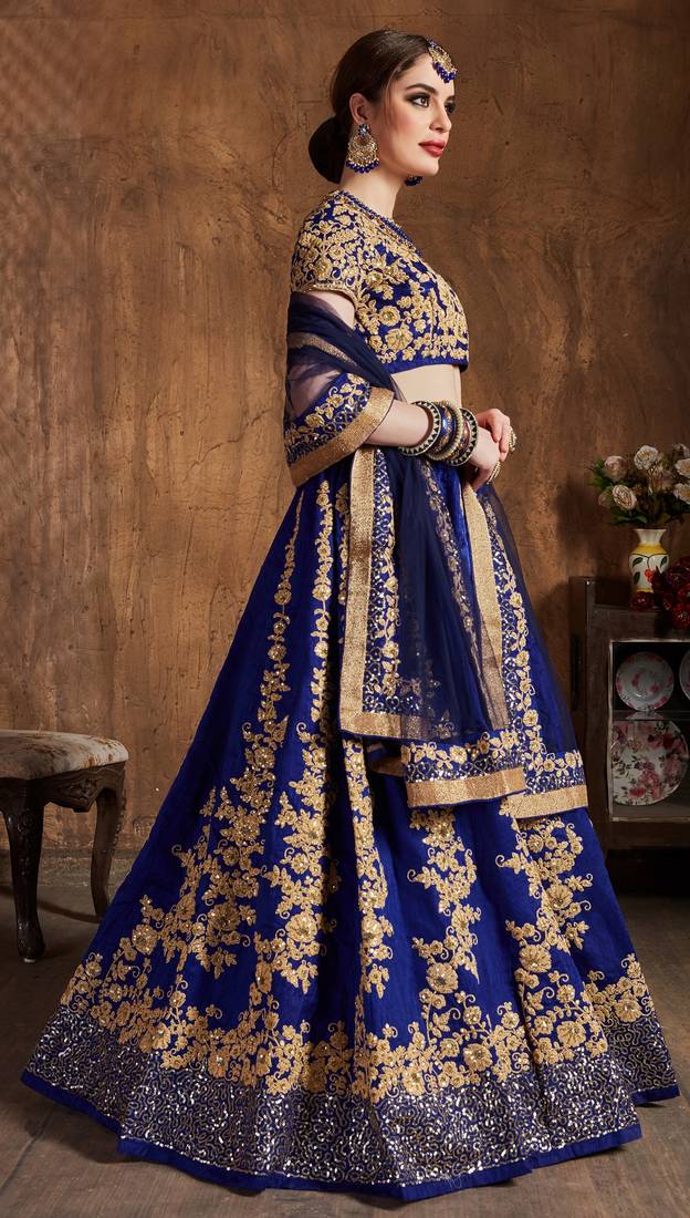 Navy Blue Embroidered Silk Semi Stitched Lehenga With Dupatta