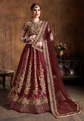 Maroon Embroidered Silk Semi Stitched Lehenga With Dupatta 1