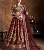 Maroon Embroidered Silk Semi Stitched Lehenga With Dupatta