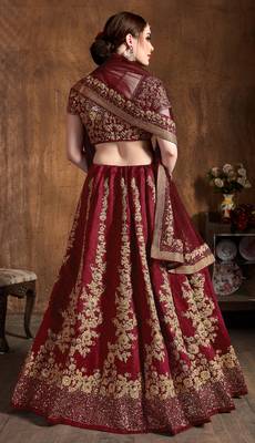 Maroon Embroidered Silk Semi Stitched Lehenga With Dupatta 2