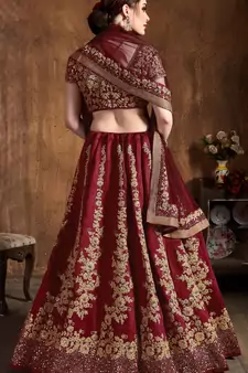 Maroon Embroidered Silk Semi Stitched Lehenga With Dupatta