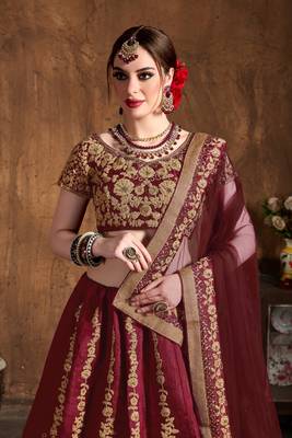 Maroon Embroidered Silk Semi Stitched Lehenga With Dupatta 3