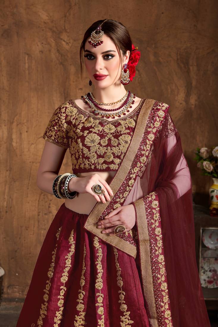 Maroon Embroidered Silk Semi Stitched Lehenga With Dupatta