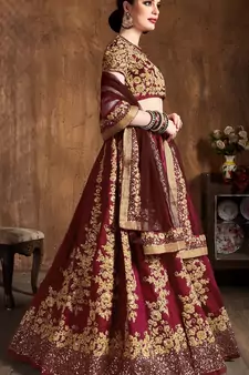 Maroon Embroidered Silk Semi Stitched Lehenga With Dupatta