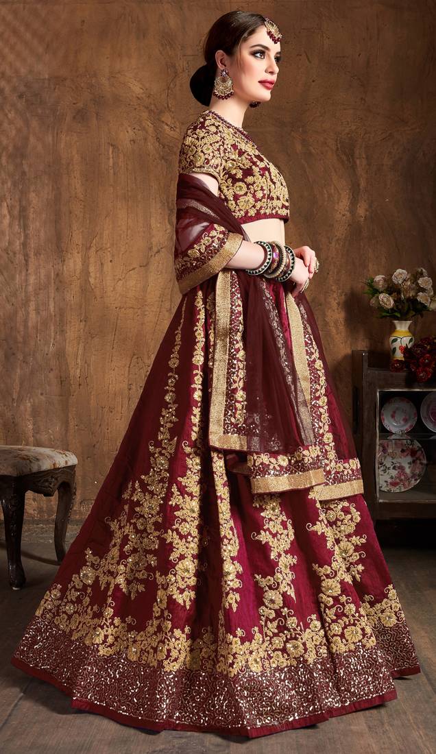 Maroon Embroidered Silk Semi Stitched Lehenga With Dupatta