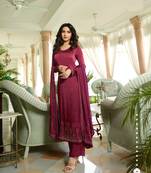 Maroon Embroidered Georgette Semi Stitched Salwar With Dupatta