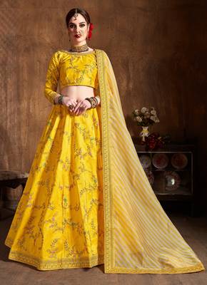 Yellow Embroidered Silk Semi Stitched Lehenga With Dupatta 1