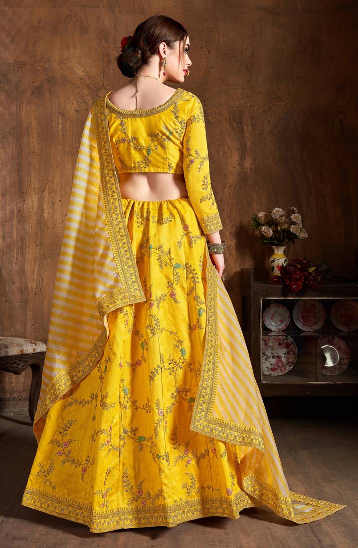 Yellow Embroidered Silk Semi Stitched Lehenga With Dupatta
