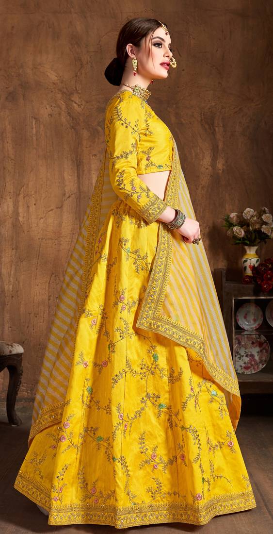 Yellow Embroidered Silk Semi Stitched Lehenga With Dupatta