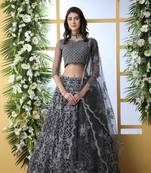 Grey Embroidered Net Semi Stitched Lehenga