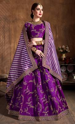 Purple Embroidered Silk Semi Stitched Lehenga With Dupatta 1