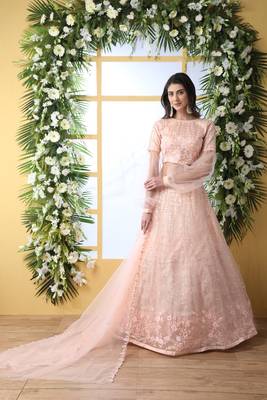 Peach Embroidered Net Semi Stitched Lehenga 1