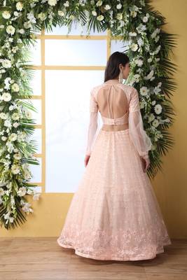 Peach Embroidered Net Semi Stitched Lehenga 2