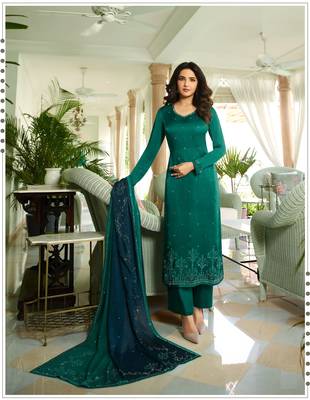 Green Embroidered Georgette Semi Stitched Salwar With Dupatta 1