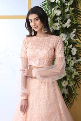 Peach Embroidered Net Semi Stitched Lehenga 3